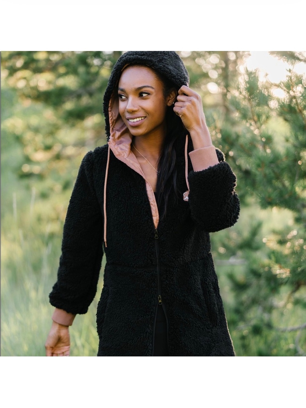 Zyia black Sherpa teddy Hooded Coat with Contrast Lining